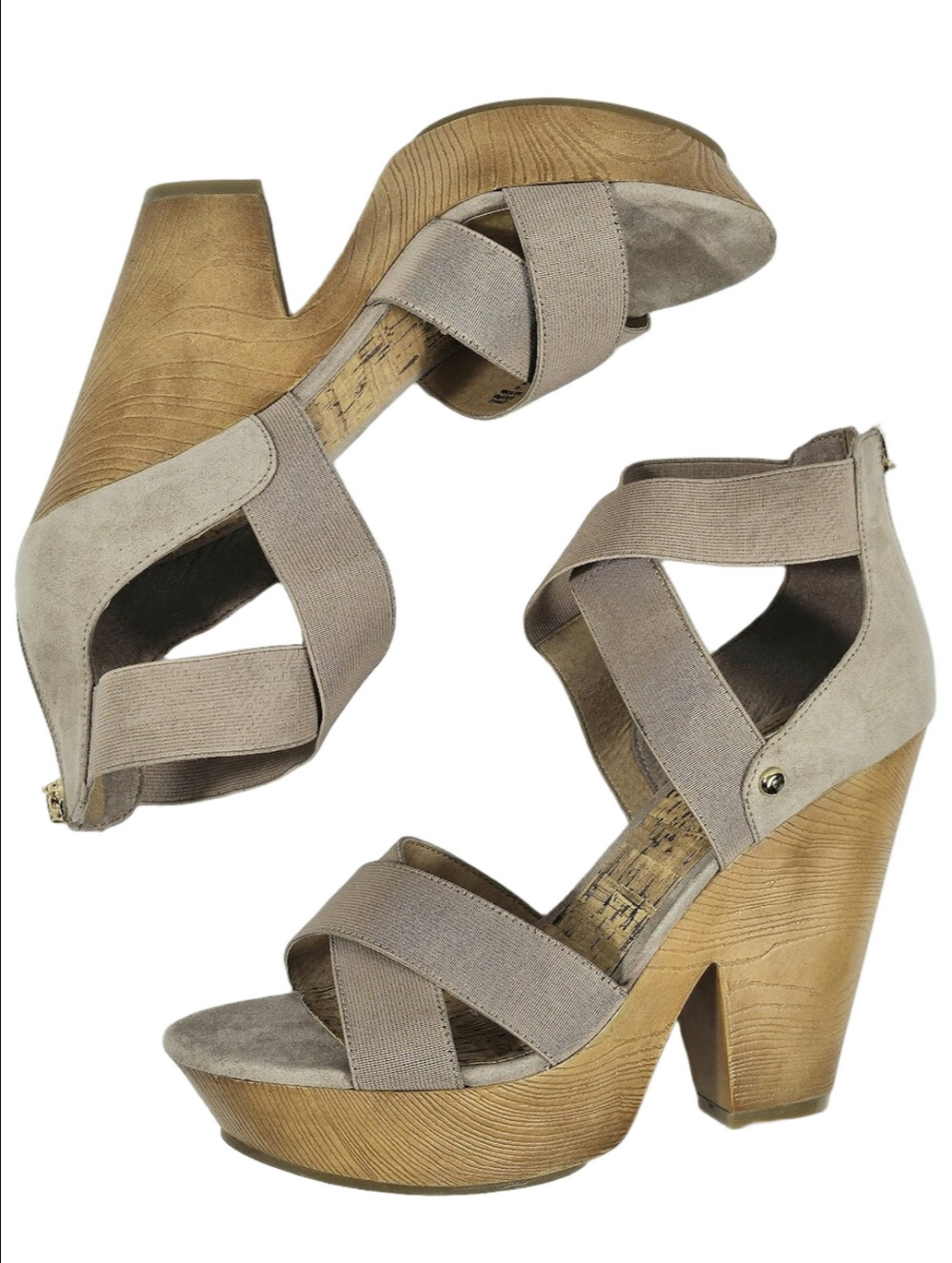 G By Guess Sirrah Beige Taupe Faux Suede Cross Strap Woodgrain Platform Sandal